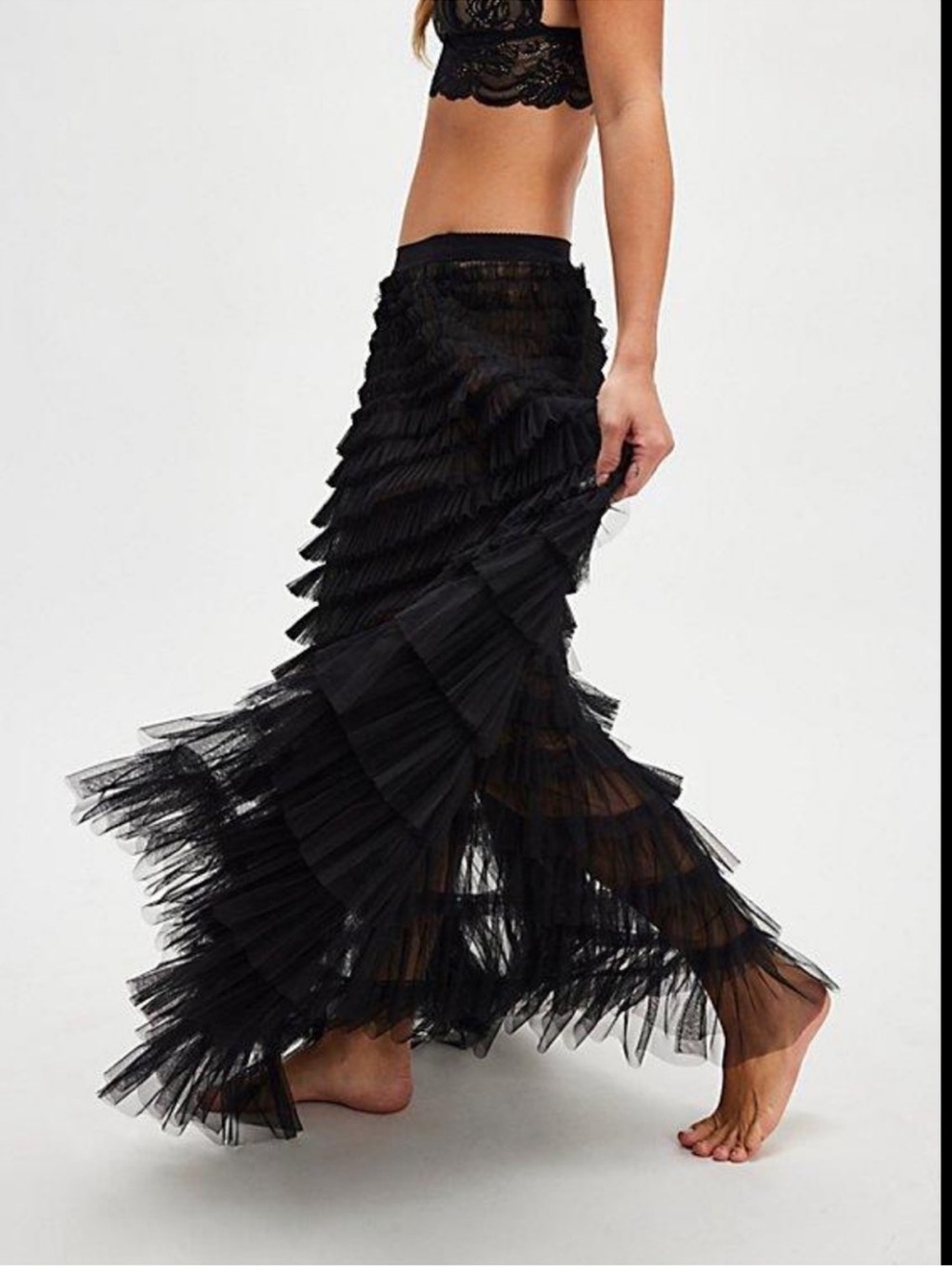 Free People Return Of The Ruffle Maxi Slip Skirt in Black